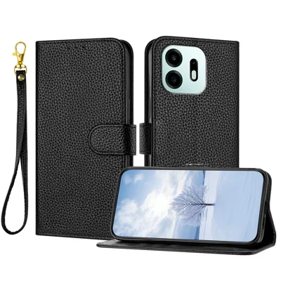  For OnePlus N6 4G Leather Case Litchi Texture Wallet Stand Anti Drop Phone Cover with Wrist Strap - Black