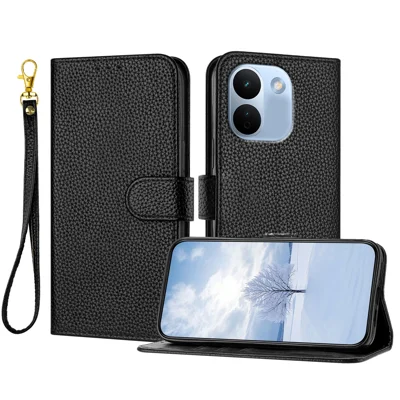 For Xiaomi Redmi Note 17 Pro Max 5G / Note 17 Pro+ 5G Leather Case Litchi Texture Wallet Stand Anti Drop Phone Cover with Wrist Strap - Black