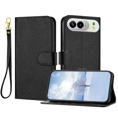 Etui skórzane z teksturą litchi na ZTE nubia Air Pro 5G, etui z portfelem i podstawką antyudarowe z opaską na nadgarstek — czarny