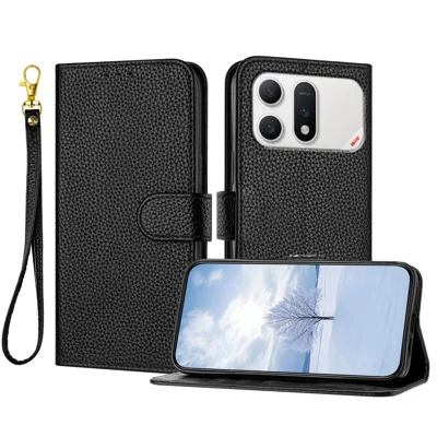 For Honor Win Turbo 5G Leather Case Litchi Texture Wallet Stand Anti Drop Phone Cover with Wrist Strap - Black