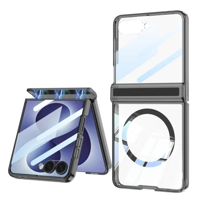 GKK For Samsung Galaxy Z Flip8 Magnetic Case Airbag Hard PC Phone Cover with Tempered Glass Film - Transparent Black
