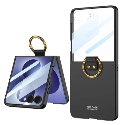 GKK For Samsung Galaxy Z Flip8 Case Ring Kickstand Hard PC Phone Cover with Tempered Glass Film - Black