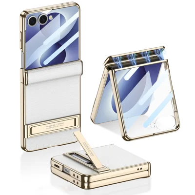 GKK For Samsung Galaxy Z Flip8 Kickstand Case Magnetic Hinge Protection PU + PC + Tempered Glass Phone Cover - White