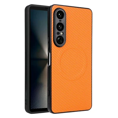 Obudowa do Sony Xperia 1 VII z teksturą węglową i powłoką z tworzywa sztucznego TPU/PC z pierścieniem metalowym do magnetycznego uchwytu samochodowego - Pomarańczowy