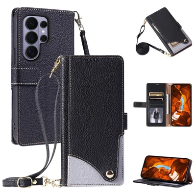 Capa de Couro para Samsung Galaxy S26 Ultra com Alça de Pulso e Alça de Ombro, Cores Duplas, Ranços para Várias Carteiras - Preto