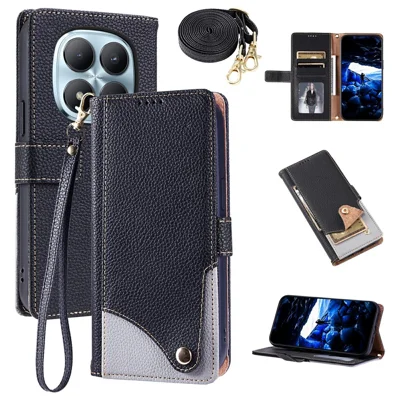 Für Xiaomi Redmi Note 15 Pro 4G (Global) Ledertasche mit Handschlaufe und Schultergurt Zweifarbige Handyhülle mit mehreren Kartenfächern - Schwarz