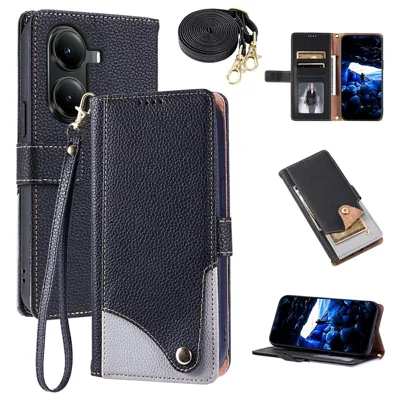 Voor Xiaomi Poco X7 Pro 5G / Redmi Turbo 4 5G Leren Hoesje met Polsbandje en Schouderbandje Dubbel Kleur Multi Kaartslots Telefoonhoes - Zwart