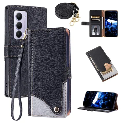 Capa de Couro para Xiaomi Redmi 15 5G (Global) (169 mm) / Redmi 15 4G (169 mm) com Alça de Pulso e Alça de Ombro, Cores Combinadas, Ranhas para Várias Cartões - Preto