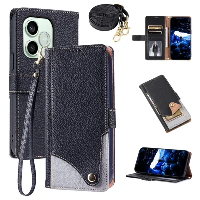 Für Honor 600 Lite 5G / 500 Smart 5G Ledertasche mit Handschlaufe und Schultergurt Zweifarbige Mehrfachkartensteckplätze Handyhülle - Schwarz