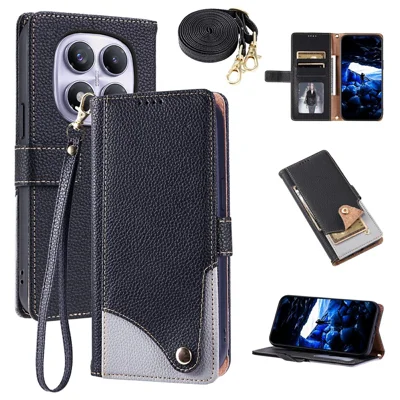 For Xiaomi Redmi Note 14 Pro 4G Leather Case with Wrist Strap and Shoulder Strap Dual Color Multi Card Slots Phone Cover - Black