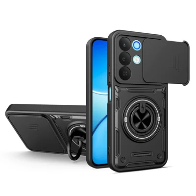 غطاء مغناطيسي لهاتف Realme 15x (الهند) 5G / C85 5G، غطاء كاميرا منزلق من مادة TPU+PC مع حامل دوار - أسود