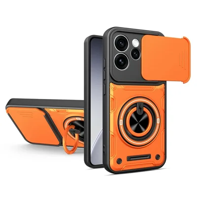 For Oppo Reno15 Pro Max 5G (Global) / Reno15 Pro 5G (China) Magnetic Case Sliding Camera Cover TPU+PC Phone Cover with Rotating Kickstand - Orange