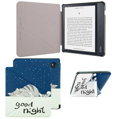 Hülle für Kobo Libra H2O E-Reader mit Mustermotiv, Klappdeckel aus PU-Leder mit Ständerfunktion – Fauler Kater
