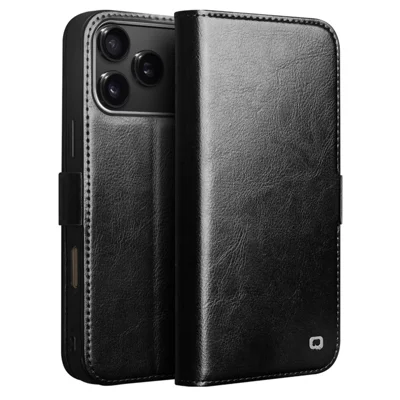 QIALINO for iPhone 18 Pro Max / 17 Pro Max Wallet Case Genuine Cow Leather Stand Phone Cover - Black
