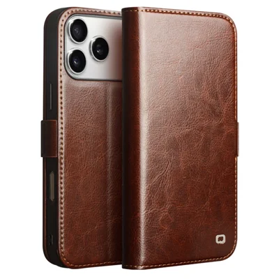 QIALINO for iPhone 18 Pro Max / 17 Pro Max Wallet Case Genuine Cow Leather Stand Phone Cover - Brown