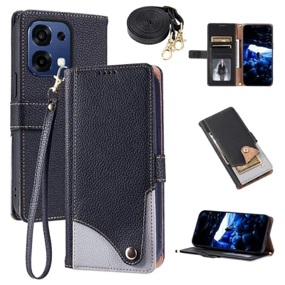 For Oppo A6 Pro 5G  /  F31 5G  /  A6 Pro 4G Leather Case with Wrist Strap and Shoulder Strap Dual Color Multi Card Slots Phone Cover - Black