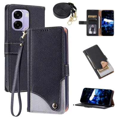 For Oppo A6 5G  /  A6 4G  /  A6x 5G  /  A6x 4G  /  A6x 5G (India)  /  A6s 5G  /  A6s 4G  /  A6t 4G  /  A6t 5G  /  A6t Pro 4G  /  A6c 4G Leather Case with Wrist Strap and Shoulder Strap Dual Color Multi Card Slots Phone Cover - Black