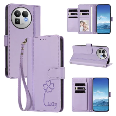  For Realme GT 8 Pro 5G Wallet Case 9 Card Slots Lucky Clover Imprint Leather Phone Cover with Wrist Strap - Light Purple
