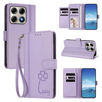 Étui portefeuille pour Motorola Edge 70 Pro 5G, 9 emplacements pour cartes, motif imprimé trèfle porte-bonheur, housse en cuir avec dragonne - Violet clair