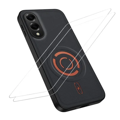 WANLONFENG für Samsung Galaxy S25 Edge KJB1 Serie Magnetische Hülle mit 2 Stk. Gehärtetem Glas Displayschutz Technisches Gewebe-Textur PC+TPU Handyhülle - Schwarz