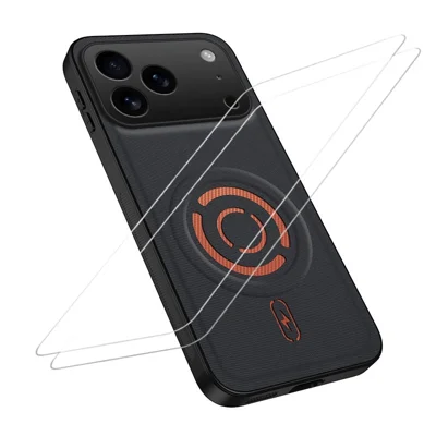  WANLONFENG for iPhone 17 Pro KJB1 Series Magnetic Case with 2Pcs Tempered Glass Screen Protector Tech Fabric Texture PC+TPU Phone Cover - Black