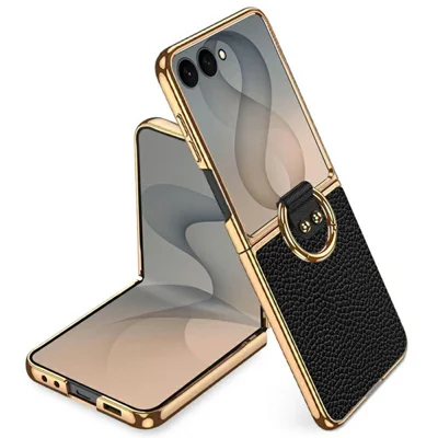 For Samsung Galaxy Z Flip8 Case Ring Kickstand Litchi Texture Genuine Cow Leather + PC Phone Protective Cover - Black
