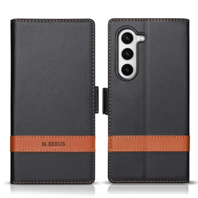 N.BEKUS Serie P5 para Samsung Galaxy Z Fold5 5G Funda con billetera de cuero PU de doble color con costuras y tapa con soporte - Negro