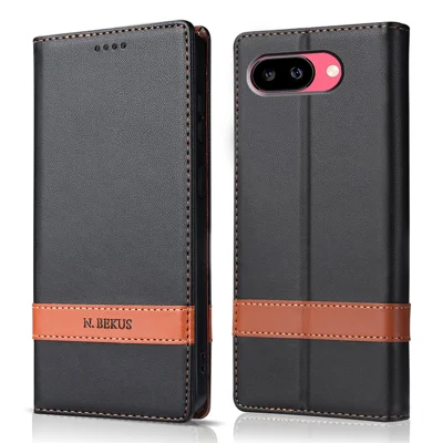 N.BEKUS P5 Series for Google Pixel 10a Leather Case Dual Color Stitching RFID Blocking Wallet Phone Cover - Black