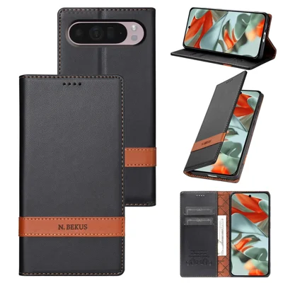 N.BEKUS P5 Series for Google Pixel 10 Pro XL Leather Case Dual Color Stitching RFID Blocking Wallet Phone Cover - Black