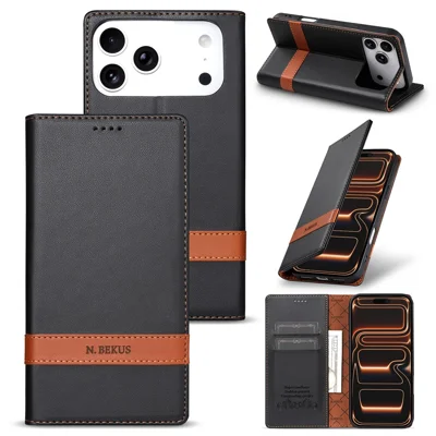 N.BEKUS P5 Series til iPhone 18 Pro Max  /  17 Pro Max Læderetui Dobbeltfarvet Syning RFID-blokerende Wallet Hylster - Sort