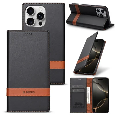 N.BEKUS P5 Series til iPhone 16 Pro Læderetui Dobbeltfarvet Syning RFID-blokerende Wallet Phone Cover - Sort