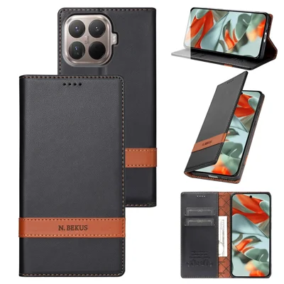 N.BEKUS P5 Series til Xiaomi 17T Pro Læderetui Dobbeltfarvet Syning RFID-blokerende Wallettelefonetui - Sort