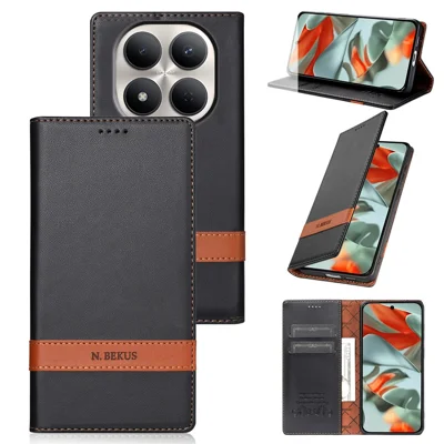 N.BEKUS P5-serie til Xiaomi Redmi Note 15 Pro+ 5G (Global) / Poco M8 Pro 5G Læderetui med tofarvet syning, RFID-beskyttelse, wallet, telefonbeskyttelse - Sort