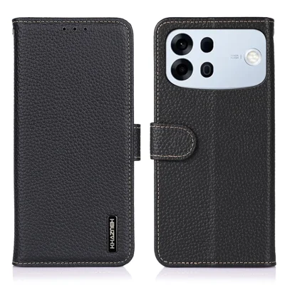 KHAZNEH voor Oppo A7 Pro Max 5G portemonnee hoesje met lycheestructuur van echt runderleer, klaphoes - Zwart
