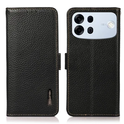 KHAZNEH for Oppo A7 Pro Max 5G Phone Case Litchi Texture Genuine Cow Leather Cover RFID Blocking - Black