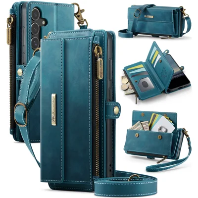  CASEME for Samsung Galaxy S26 FE C39 Case RFID Blocking Zipper Wallet Stand Leather Cover with Strap - Green