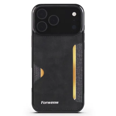 FORWENW سلسلة F5 لهاتف iPhone 18 Pro / 17 Pro غطاء جلد + غطاء TPU مع حامل بطاقة - أسود
