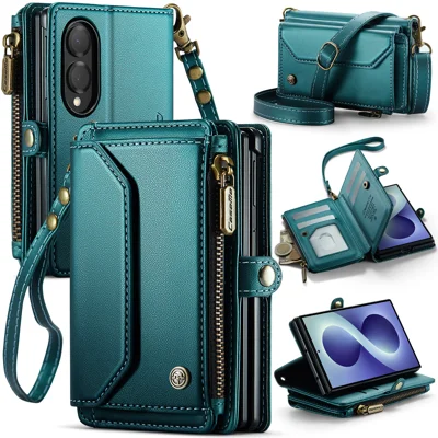  CASEME for Samsung Galaxy Z Fold8 Case  C36 Series Zipper Wallet Leather Phone Cover with Straps - Green