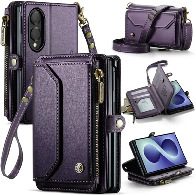  CASEME for Samsung Galaxy Z Fold8 Case  C36 Series Zipper Wallet Leather Phone Cover with Straps - Purple