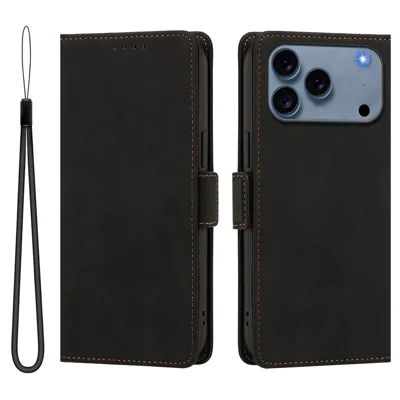 Étui pour iPhone 18 Pro Max / 17 Pro Max, housse rabattable en cuir PU tactile avec portefeuille et dragonne - Noir