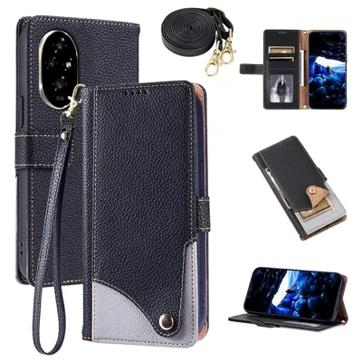 For Honor 200 Pro 5G Leather Case with Wrist Strap and Shoulder Strap Dual Color Multi Card Slots Phone Cover - Black