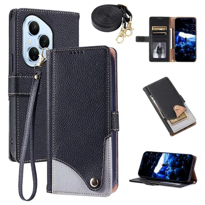 Funda de Cuero para Honor 400 Pro 5G (Global) con Correa de Muñeca y Correa de Hombro, Funda Dual Color con Múltiples Ranuras para Tarjetas - Negro