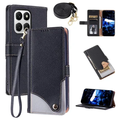 For Honor 400 Smart 4G  /  400 Smart 5G  /  X7d 4G Leather Case with Wrist Strap and Shoulder Strap Dual Color Multi Card Slots Phone Cover - Black
