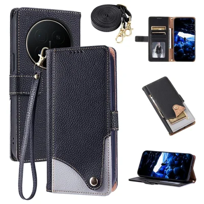 Voor Honor Magic8 5G Lederen Hoesje met Polsbandje en Schouderbandje Dubbelkleurig met Meerdere Kaartvakken Telefoonhoes - Zwart