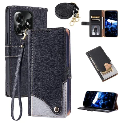 Cover in pelle per Honor X5c 4G / X5c Plus 4G / Play10A 4G con cinturino da polso e tracolla, doppio colore, slot multipli per carte, nera