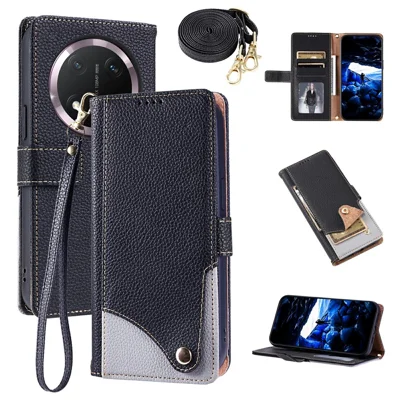 For Honor Magic7 Lite 5G  /  X60 Pro 5G  /  X9c 5G Leather Case with Wrist Strap and Shoulder Strap Dual Color Multi Card Slots Phone Cover - Black
