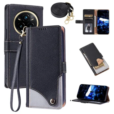 Funda de cuero para Realme 14 Pro 5G con correa de muñeca y correa de hombro, funda de dos colores con múltiples ranuras para tarjetas - Negro