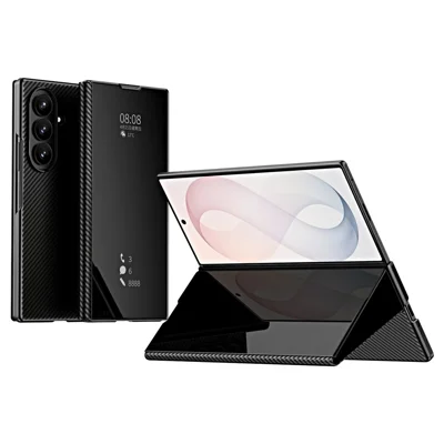 For Samsung Galaxy Z Fold8 Ultra Case Smart Window Electroplated Carbon Fiber Texture PC Shockproof Stand Phone Cover - Black