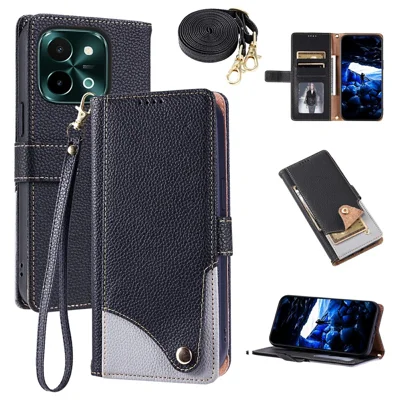 For vivo Y28 4G Leather Case with Wrist Strap and Shoulder Strap Dual Color Multi Card Slots Phone Cover - Black