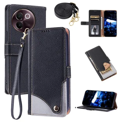 Cover in pelle per vivo V30e 5G / V40 Lite 5G con tracolla e cinturino da polso, doppio colore, slot multipla per carte, nera